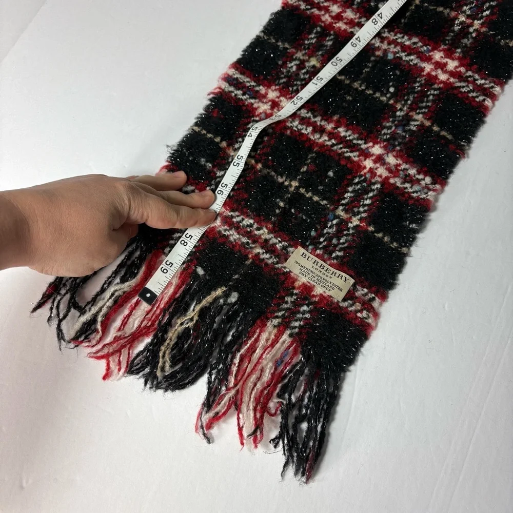 Burberry London Nova Check Black Red Merino Wool Blend Fringe Scarf - Picture 10 of 10
